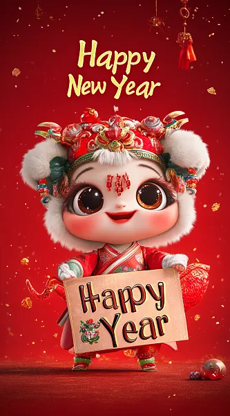 可爱的中国龙宝宝，红色背景，穿着传统服，手里拿着“新年快乐”-图巨人