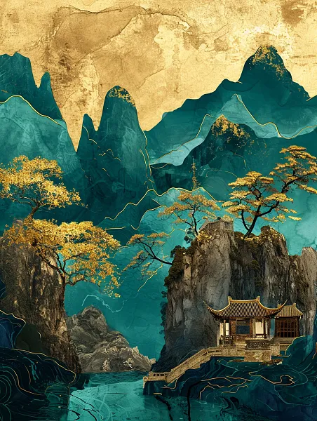 鎏金山水画海报-图巨人