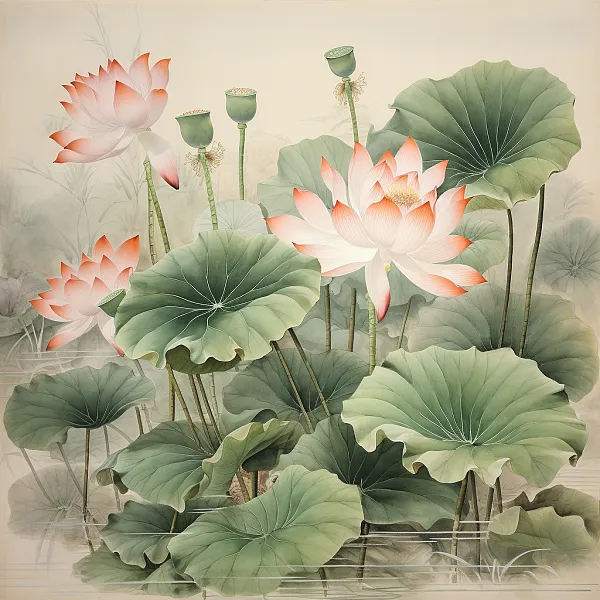 中国画，工笔画风格，描绘两三朵莲花和两三朵莲花苞，细节丰富。-图巨人