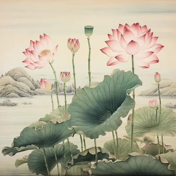 中国画，工笔画风格，描绘两三朵莲花和两三朵莲花苞，细节丰富。-图巨人