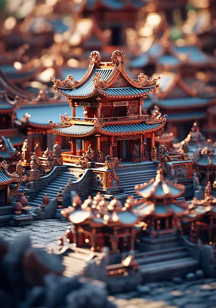 雍和宫，建筑细节清晰，C4D渲染，微观视角，有趣的综合体，充-图巨人