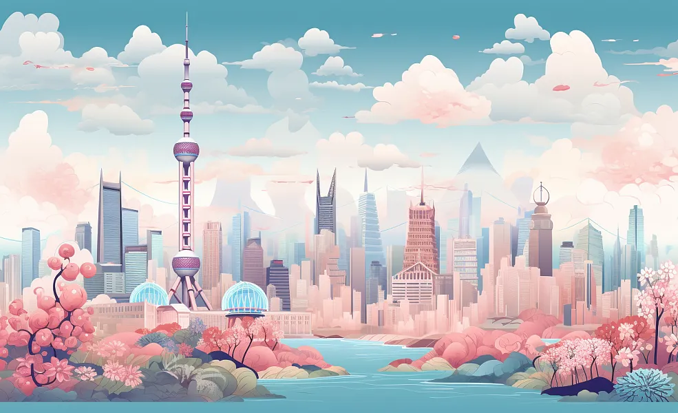 中心的摩天大楼插图，高耸入云的建筑，装饰着中国艺术风格的传统-图巨人