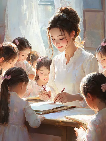 教师节那天，一位身穿白衣的漂亮老师正在帮助许多小女孩搬书、搬-图巨人