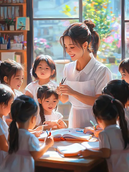 教师节那天，一位身穿白衣的漂亮老师正在帮助许多小女孩搬书、搬-图巨人