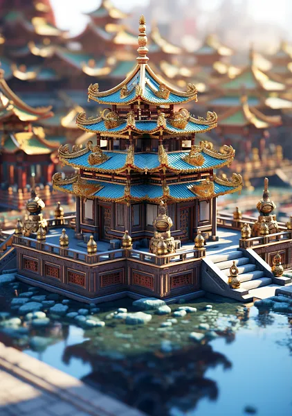 雍和宫，建筑细节清晰，C4D渲染，微观视角，有趣的综合体，充-图巨人