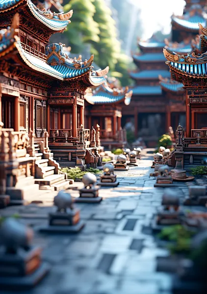 雍和宫，建筑细节清晰，C4D渲染，微观视角，有趣的综合体，充-图巨人