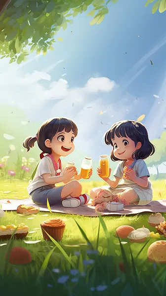 喝奶茶的孩子，在草地上玩耍的孩子，成人野餐的背景，令人愉悦，-图巨人
