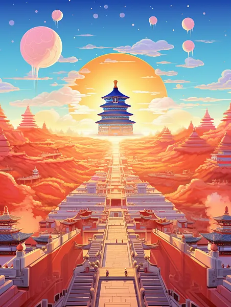 中国艺术，中国人庆祝他们的国庆，天坛，使用迷幻的配色方案，超-图巨人