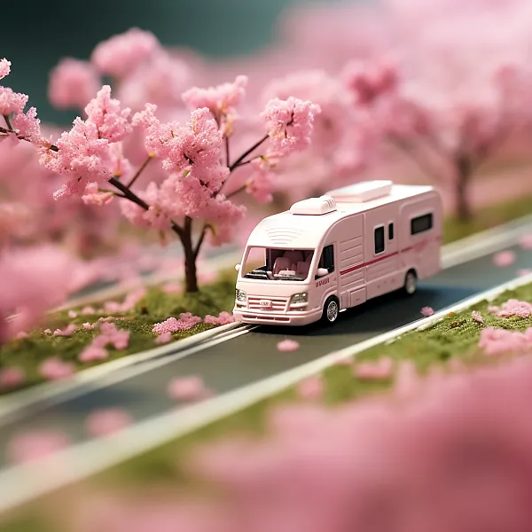 微型世界高速公路上行驶的巨大粉色房车，白粉色樱桃树海报-图巨人