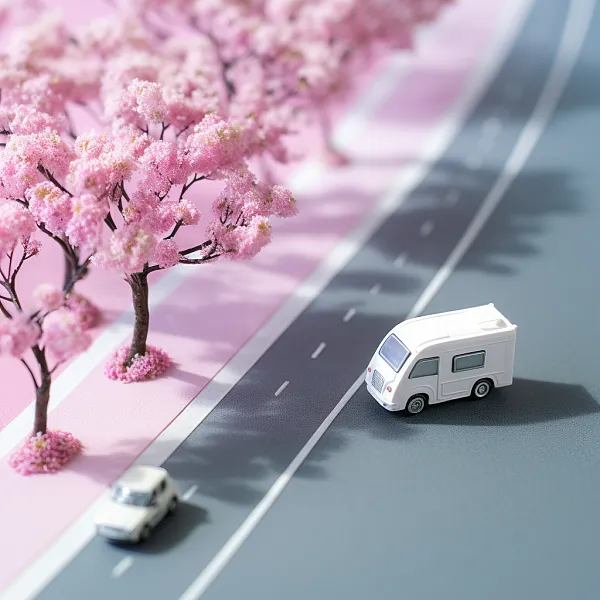 微型世界高速公路上行驶的巨大粉色房车，白粉色樱桃树海报-图巨人