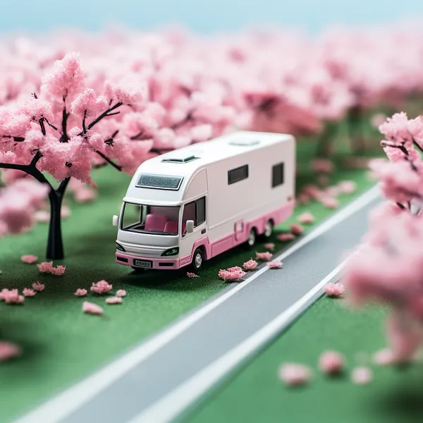 微型世界高速公路上行驶的巨大粉色房车，白粉色樱桃树海报-图巨人