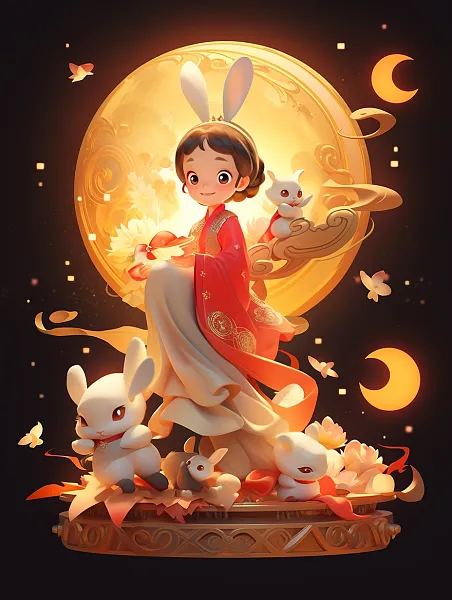 中秋节，一个穿着中国古装的可爱仙女，女孩旁边的兔子，月饼，巨-图巨人