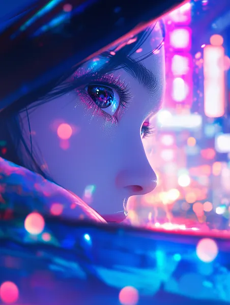 霓虹灯以双重曝光电影风格创造出彩虹色女性的脸部特写海报-图巨人