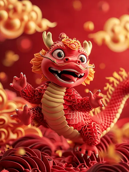 一个红色逗人喜爱和愉快的中国龙的3D浮雕祥云海报-图巨人