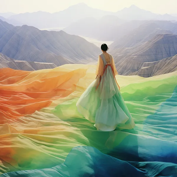 身穿五彩裙子的女人站在山顶远眺-图巨人