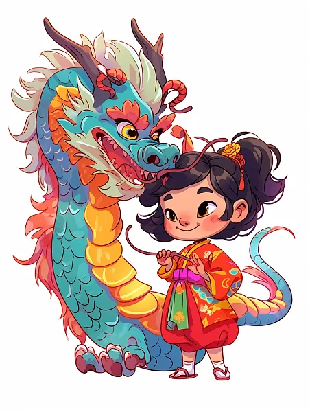 可爱的中国龙和小女孩，中国龙-图巨人