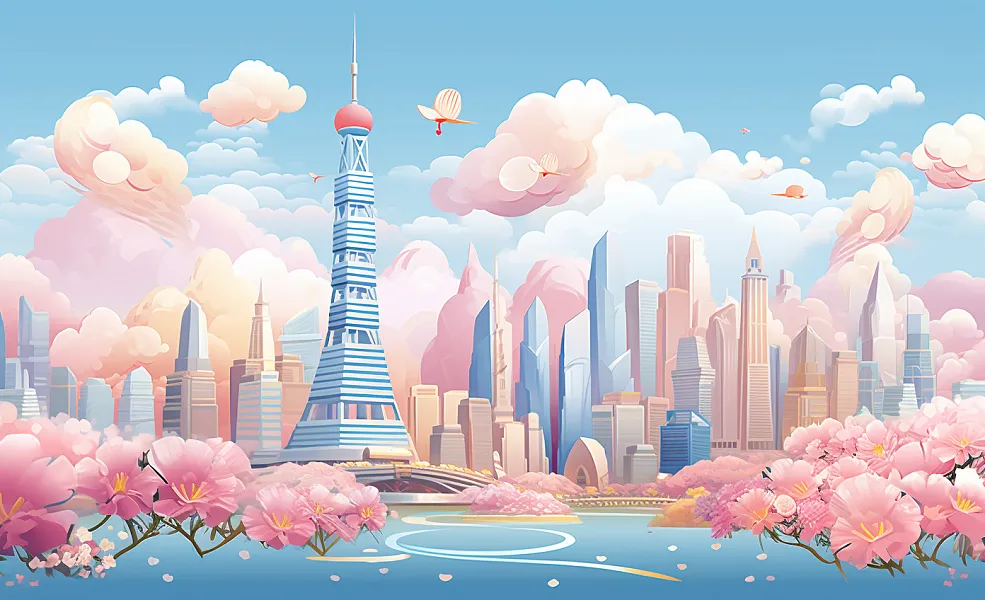 中心的摩天大楼插图，高耸入云的建筑，装饰着中国艺术风格的传统-图巨人