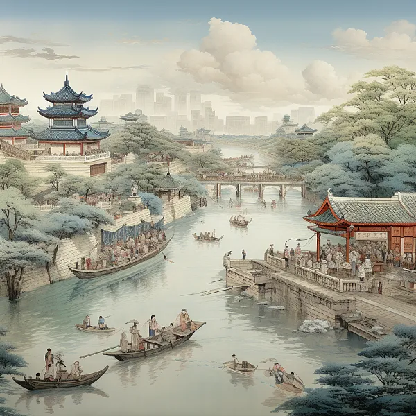 一幅中国画以传统卷轴画的风格，即《清明上河图》的场景，展现了-图巨人