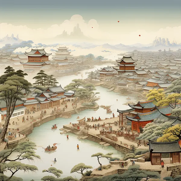 一幅中国画以传统卷轴画的风格，即《清明上河图》的场景，展现了-图巨人