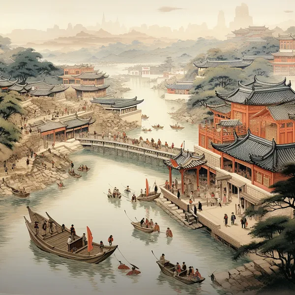 一幅中国画以传统卷轴画的风格，即《清明上河图》的场景，展现了-图巨人
