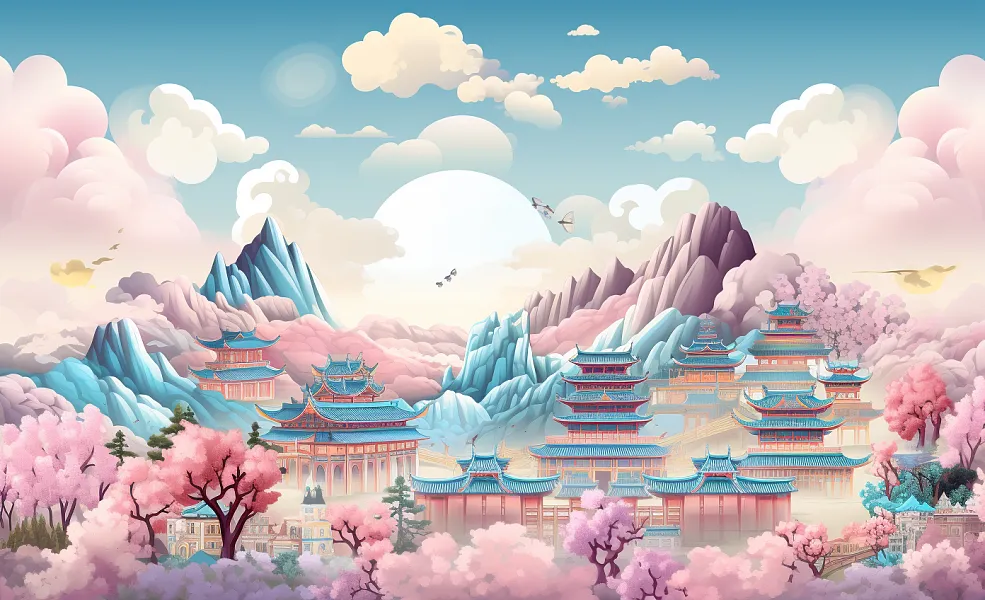 中心的摩天大楼插图，高耸入云的建筑，装饰着中国艺术风格的传统-图巨人