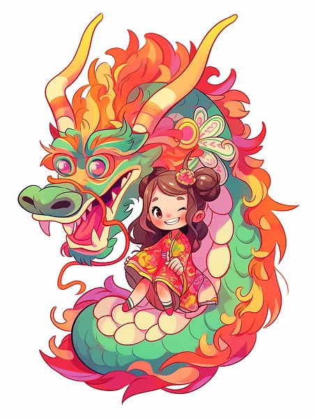 可爱的中国龙和小女孩，中国龙-图巨人