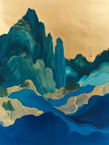 克莱因蓝中国刺绣工艺的金碧青山，亭台楼阁金碧辉煌，流淌的金色-图巨人