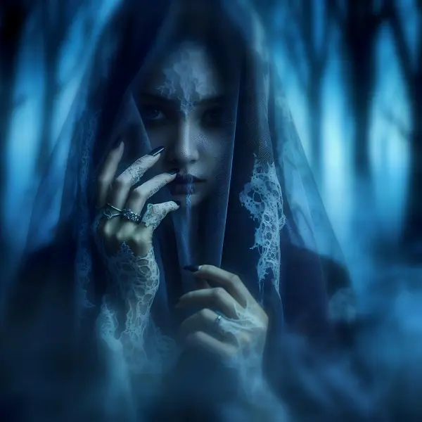 女士 新娘 蕾丝 薄纱 蓝色的 森林 树木 多雾路段 神秘-图巨人
