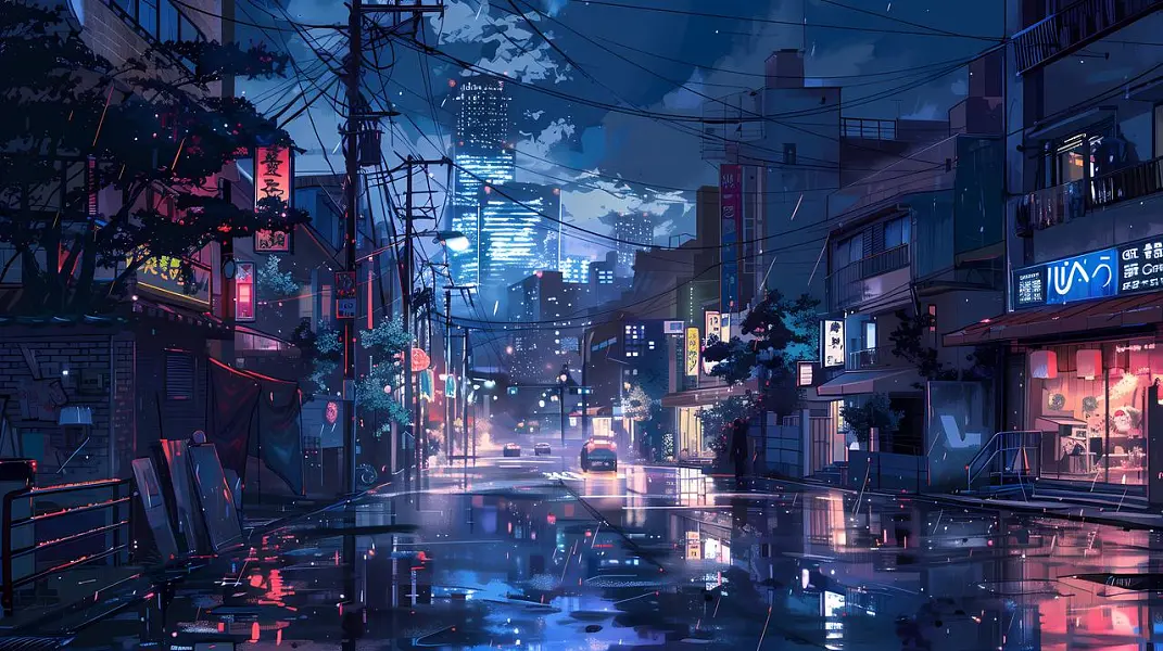 动漫 街道 城市的 夜 灯 氖 建筑物 城市 现代的 夜晚-图巨人