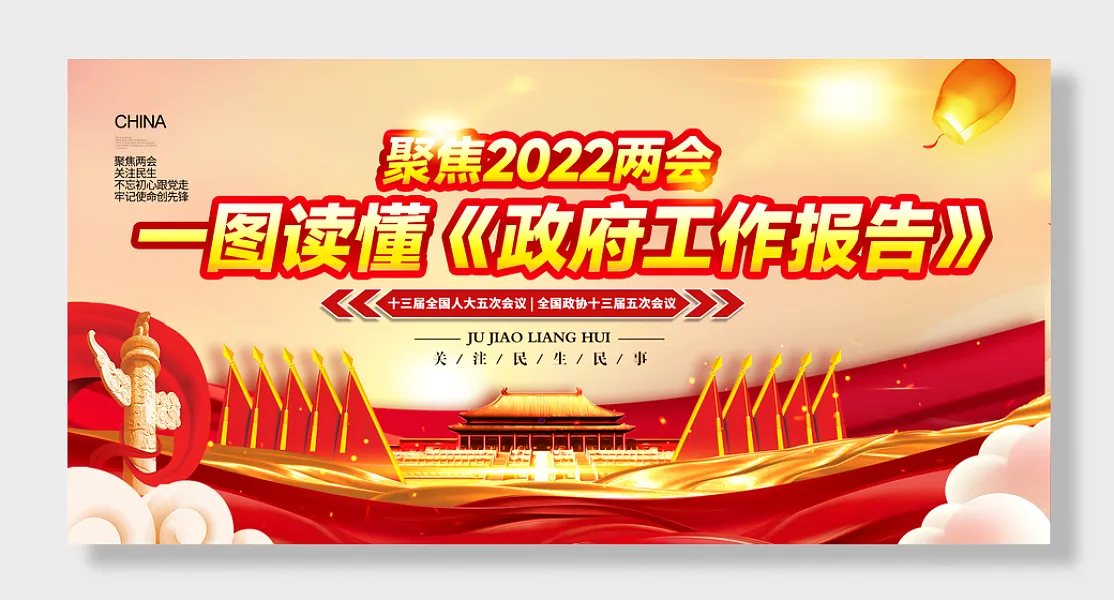 聚焦两会政府工作报告党建展板海报-图巨人