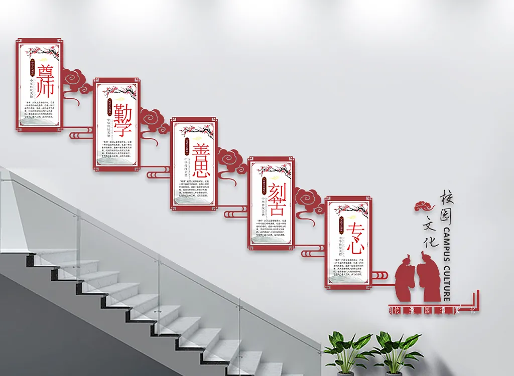 红色祥云校园美德校园图书馆楼梯文化墙-图巨人