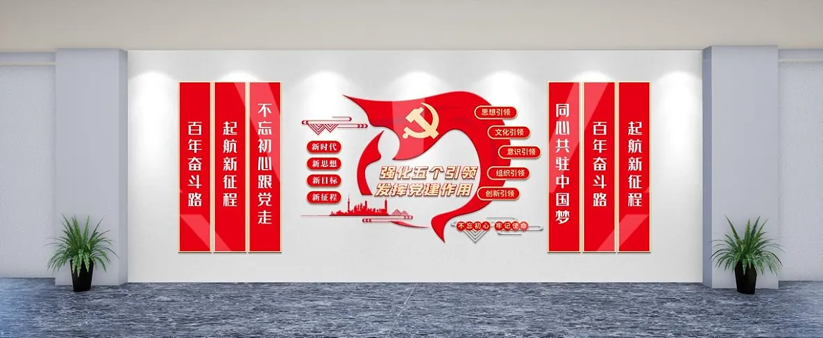 红色党建风五个引领文化墙